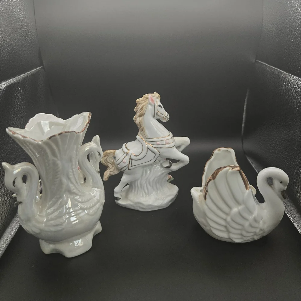 Porcelain Swan and Horse Figurines with Floral Accents Vintage